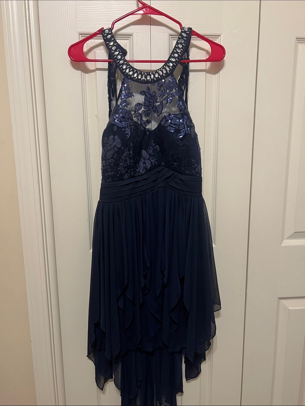 Sequin Hearts Navy Blue Embroidered High-Low Chiffon Dress